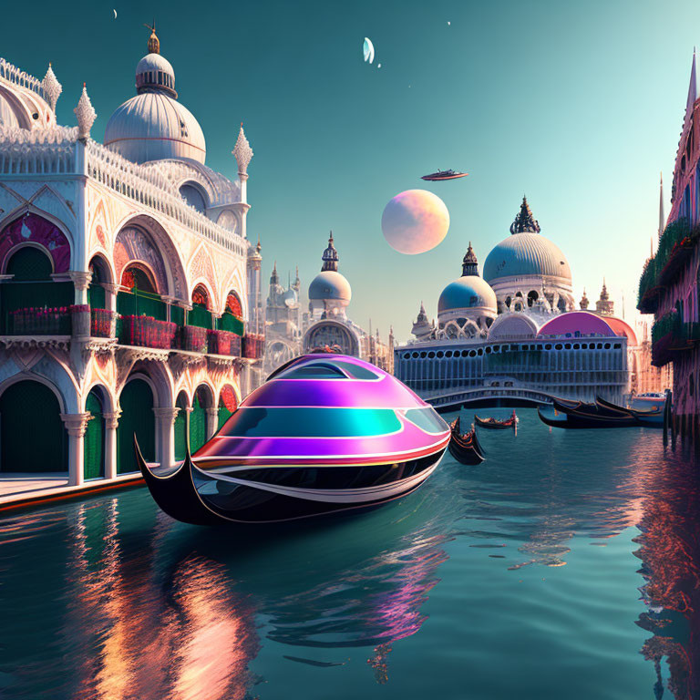 Futuristic boat in Venice-like canal with ornate buildings & distant planets.