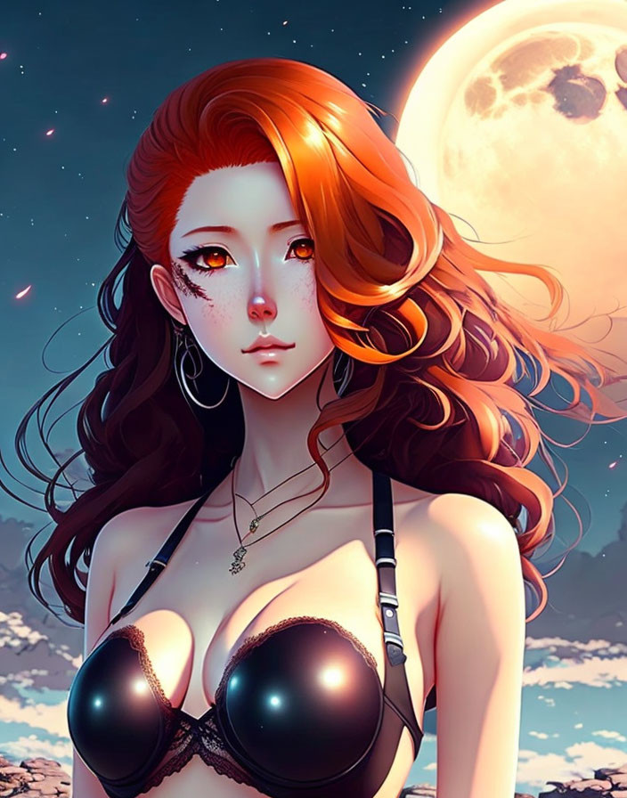 Illustration of woman with red hair under night sky wearing black outfit