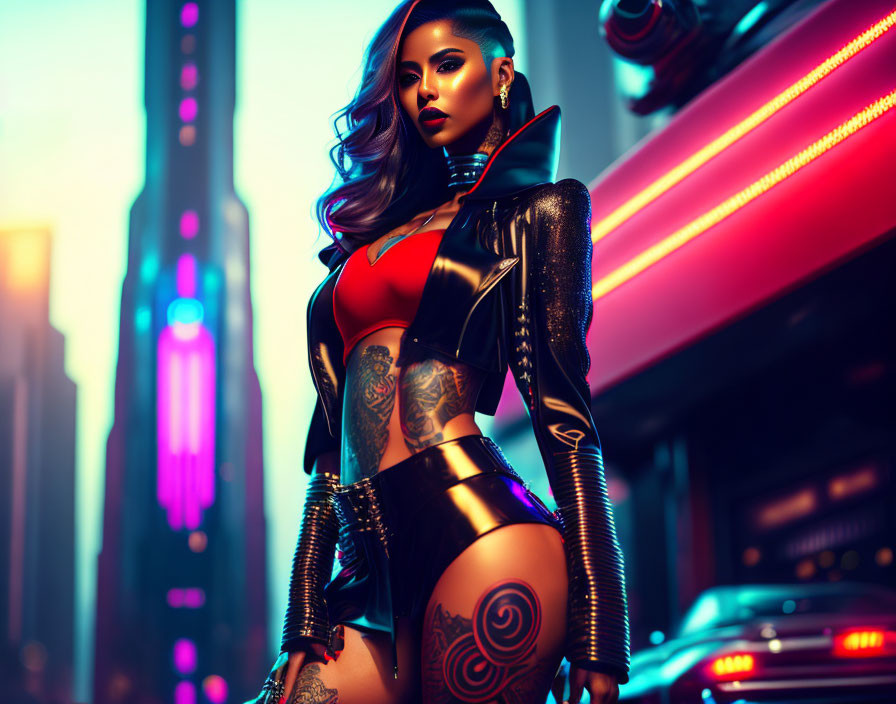 Futuristic woman with tattoos in stylish outfit in neon-lit cyberpunk cityscape