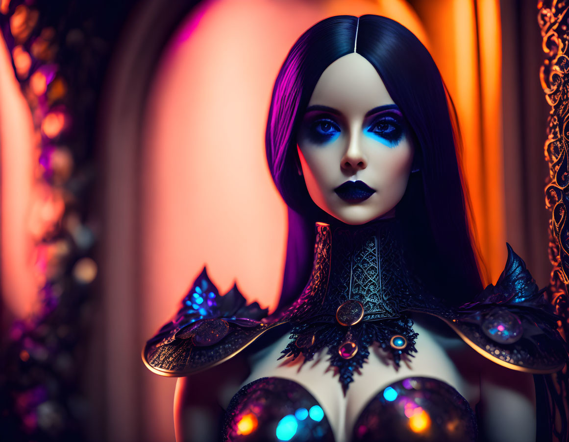 Stylized portrait of a doll with dark hair and blue eyes