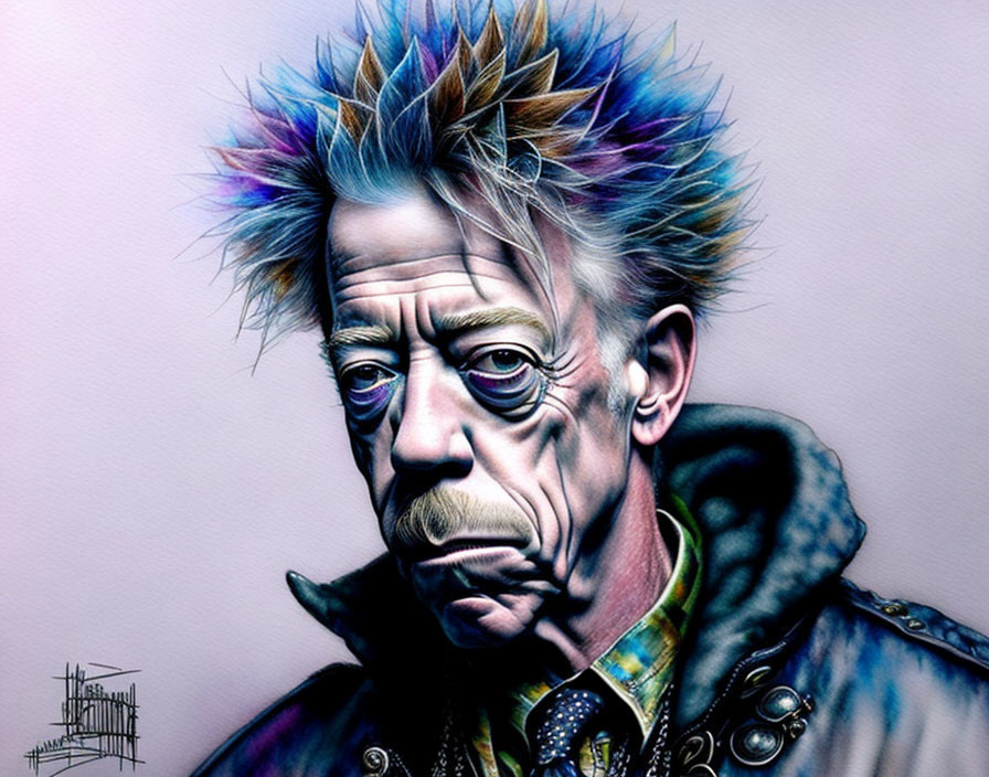 Vibrant digital portrait: older man with spiked mohawk & decorated jacket