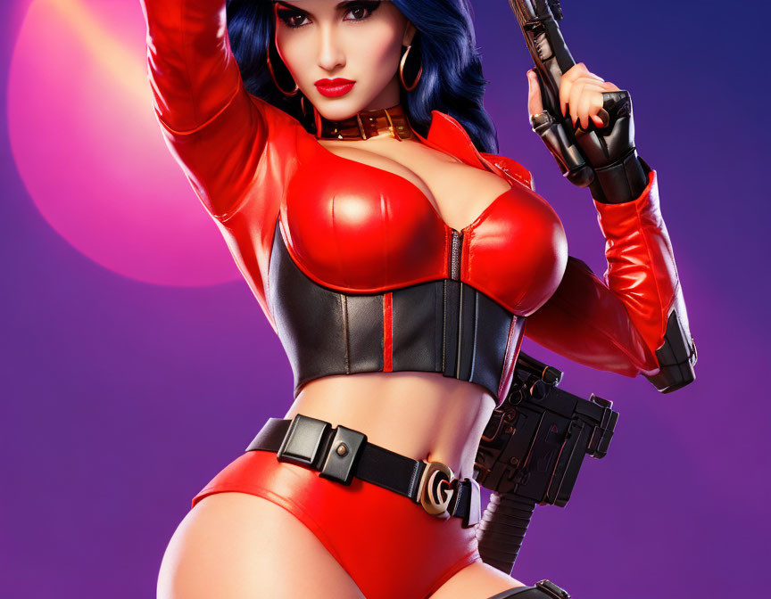 Stylized female character in red leather outfit with gun on purple background