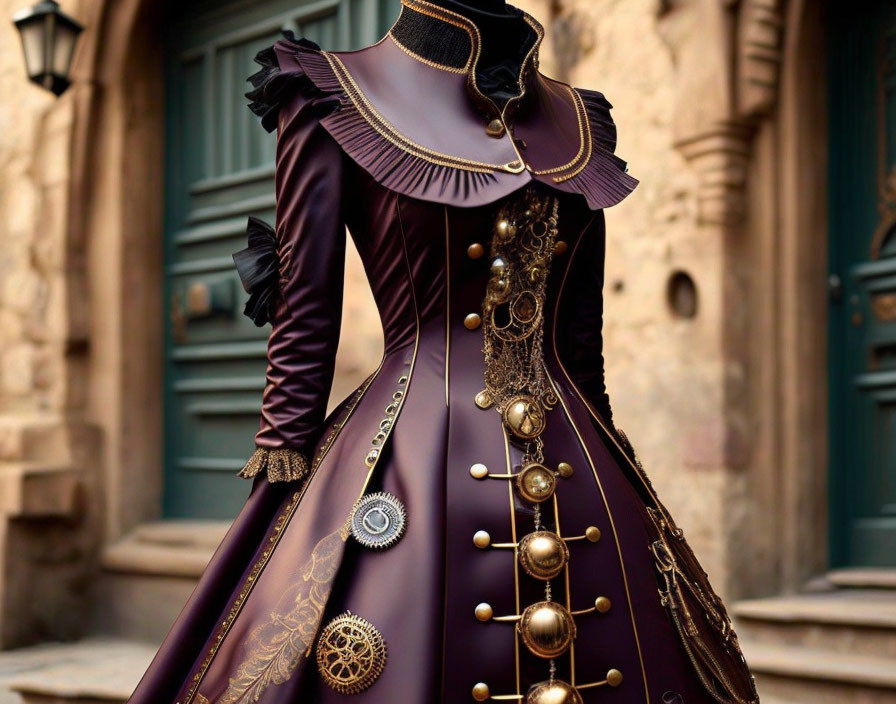 Victorian-style plum dress with puff sleeves and ornate gold buttons in front of old building