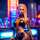 Woman with orange braided hair and cyberpunk attire in neon-lit cityscape