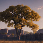 Person under vibrant tree with golden canopy and distant rock formations.