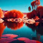 Vivid surreal landscape with fiery orange trees, blue water, white rocks, and red kite.