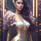 Digital artwork: Woman with long, flowing hair and ornate bodysuit