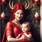 Woman with horns and red dress holding a baby in floral setting