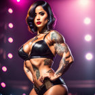 Tattooed woman in black outfit under stage lights