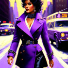 Stylish Woman in Purple Coat on City Street at Dusk