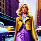 Fashionable individual in yellow jacket and purple skirt on city street at dusk