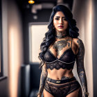 Elaborately tattooed woman in dark lingerie by window with wavy hair and necklace