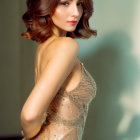 Brown-haired woman in embellished nude dress smiling over shoulder