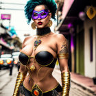 Teal-haired woman in futuristic makeup and black & gold costume poses on urban street