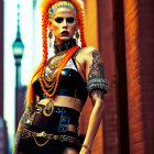 Punk-inspired woman with mohawk and tattoos in urban street scene