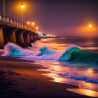 Bioluminescent waves at night with glowing pier lamps