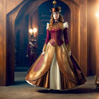 Victorian woman in elaborate dress and top hat in opulent room with candelabras