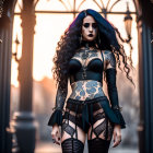 Purple-haired woman in gothic makeup in black lace outfit at iron gate