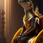 Royal anthropomorphic lizard in regal attire on golden throne exudes power.