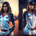 Stylish woman in baseball jersey and cap on sunset baseball field