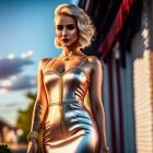 Sophisticated woman in satin dress on vintage balcony at golden hour