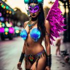 Colorful LED costume with mask and wings on urban street.