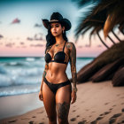 Woman in Black Bikini and Cowboy Hat on Beach at Sunset with Tattoos and Palm Trees