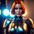 Futuristic woman with orange hair in black and gold suit against glowing lights