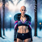 Bald humanoid robot in sportswear in snowy forest at twilight