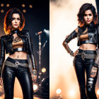 Styled hair woman in black leather outfit on stage pose with microphone stand