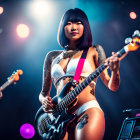 3D-rendered woman with tattoos playing bass guitar on stage