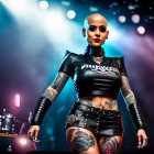 Bald Tattooed Female Character in Black Punk Outfit on Stage