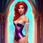 Stylized animated young woman with red curly hair in purple and gold corset, white lace,