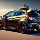 Customized steampunk-themed car with gears, metallic details, and propeller in desert scene