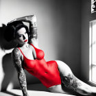 Monochrome photo with selective color of woman with tattoos in red dress by window.