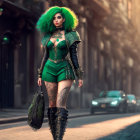 Vibrant green-haired woman with tattoos in stylish outfit on sunlit street