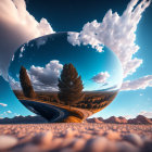 Surreal landscape with spherical mirror reflecting road and rock formations