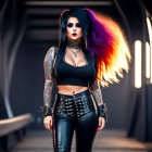 Vibrant rainbow hair woman in gothic attire on dark bridge