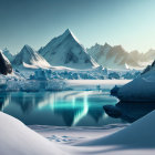 Snowy Landscape with Icebergs and Mountain Peaks in Clear Sky