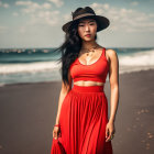 Woman in Red Dress and Black Hat on Beach with Waves and Clouds