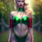 Blonde Woman in Fantasy Costume in Enchanted Forest