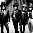 Four people in dramatic makeup and black outfits with top hats and vests on city street