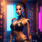 Futuristic digital artwork of a woman with braided hair in cyberpunk attire