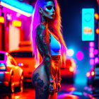 Vibrant purple-haired woman with full-body tattoos in neon-lit city street