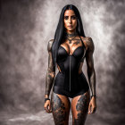 Dark-haired woman with full sleeve tattoos in corset and choker against smoky background