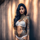 Tattooed woman in white lingerie against textured wall