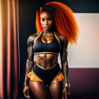 Vibrant orange-haired woman with tattoos in athletic wear against warm interior background