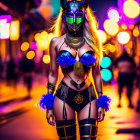 Vibrant futuristic warrior costume with mask and colorful lights