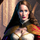 Auburn-haired woman in regal attire in gothic castle setting