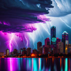 City skyline at night during storm with lightning strikes & colorful reflections